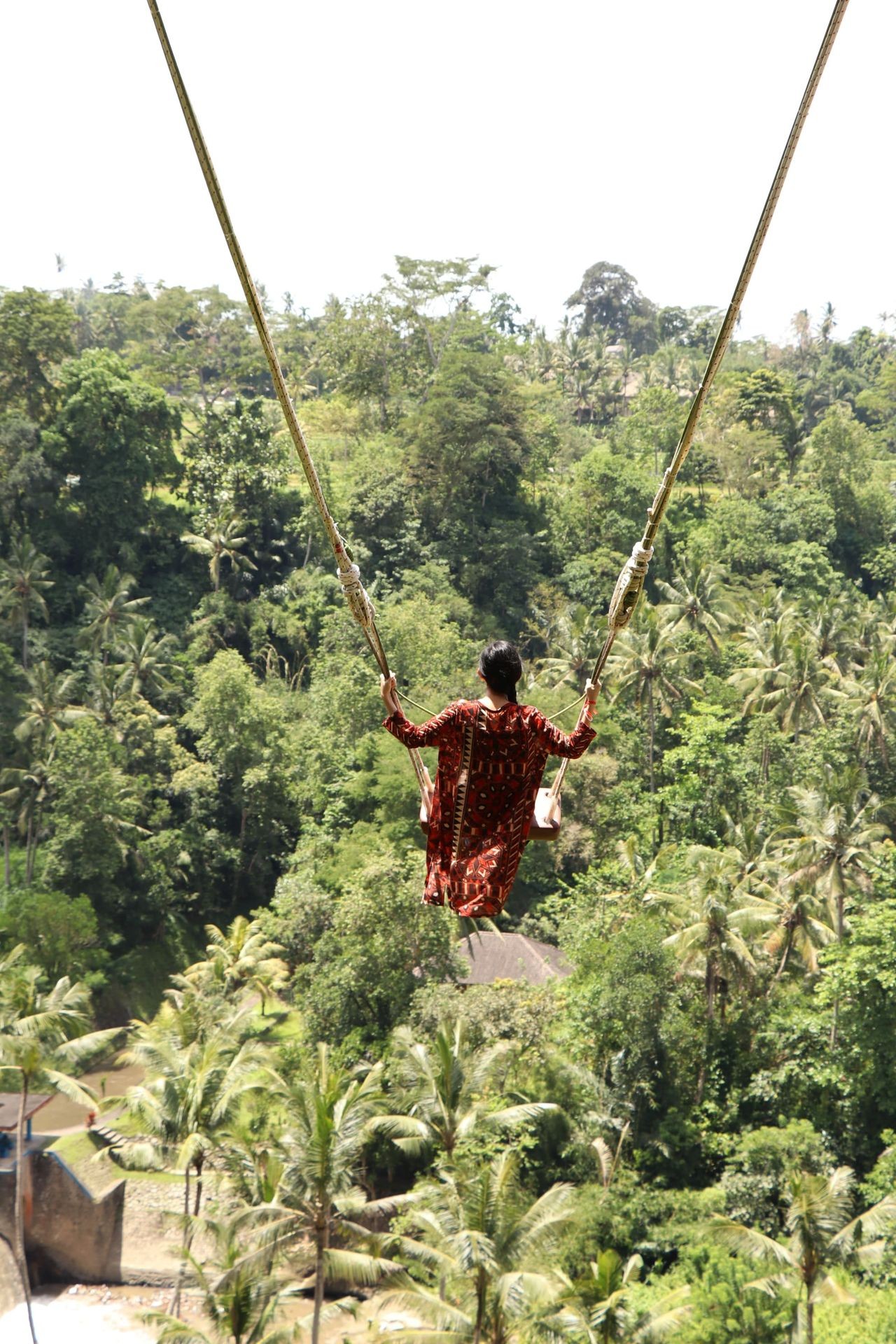 Person in a red patterned outfit swinging high above a lush jungle landscape with trees and greenery.