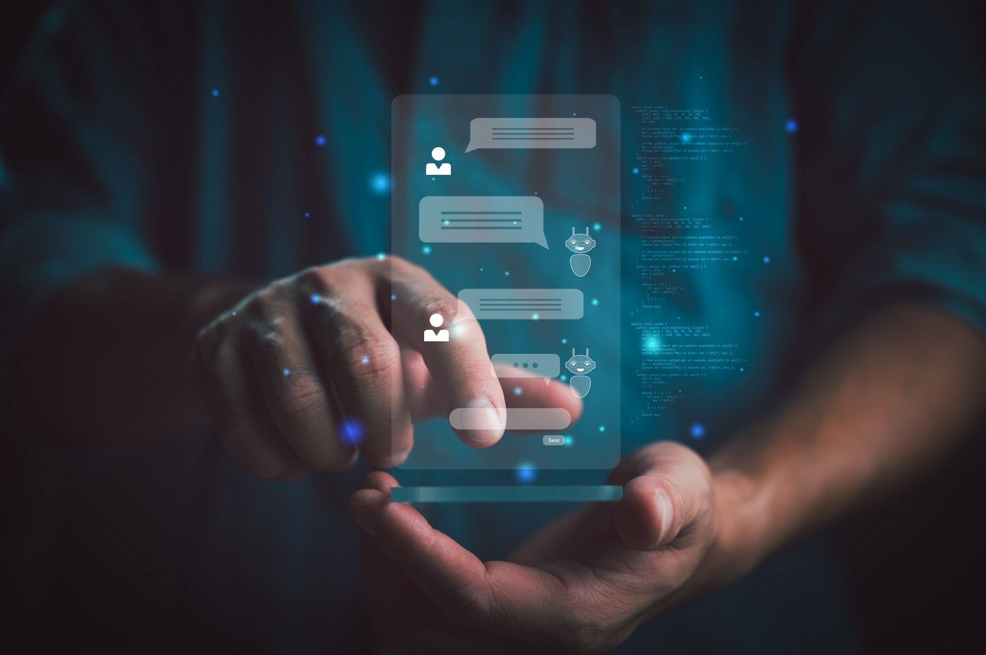 Chat with AI, Ai technology, Artificial Intelligence. Man using technology smart robot AI, artificial intelligence by enter command prompt for generates something, Futuristic technology transformation.